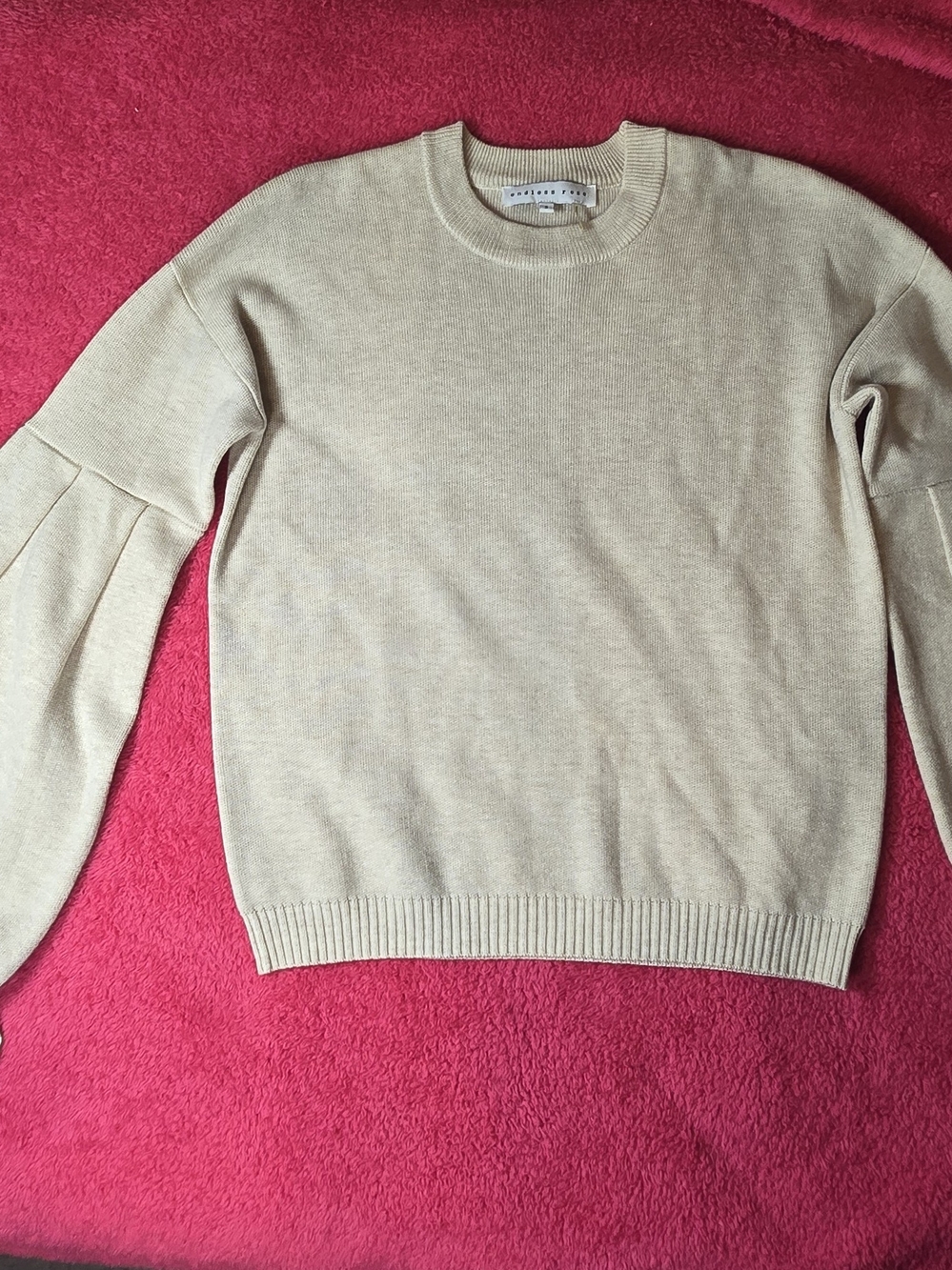 Endless Rose Cream Crewneck Sweater with Subtle Puff Sleeves